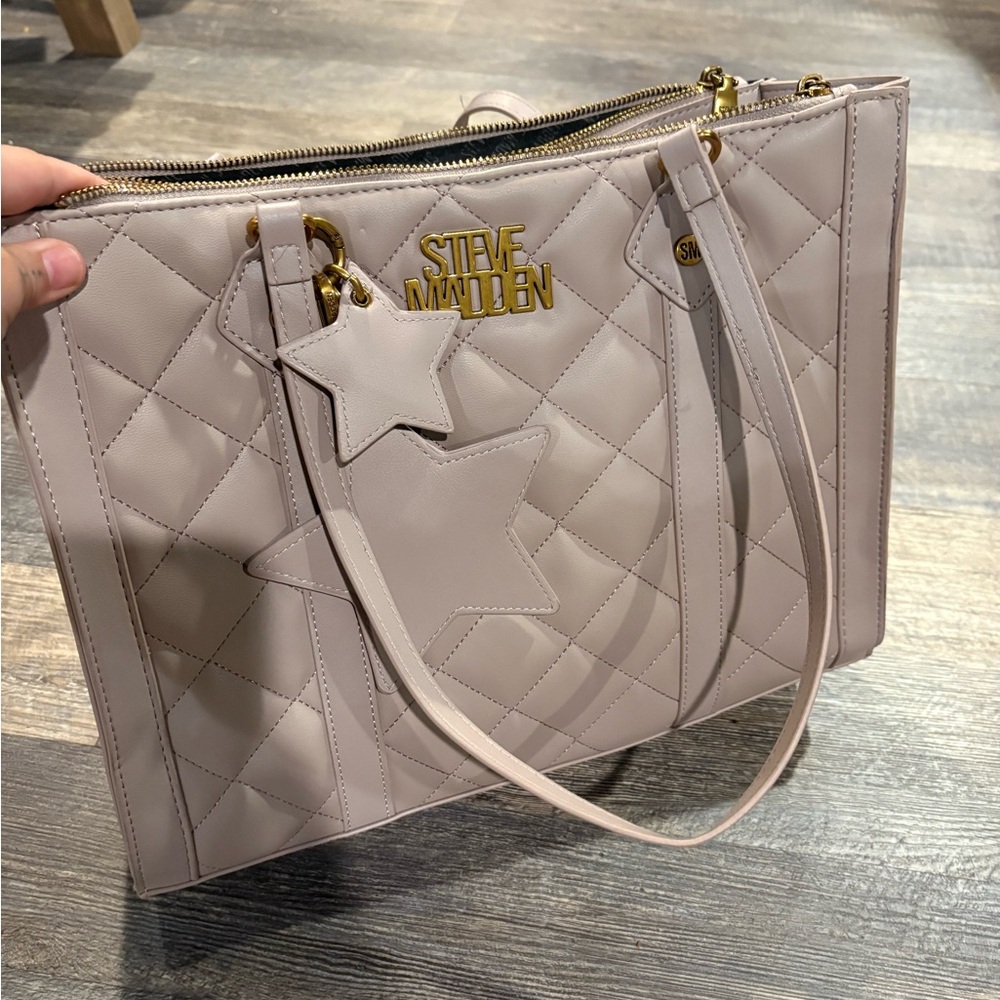 Steve Madden Tan Quilted Tote Bag with Gold Hardware